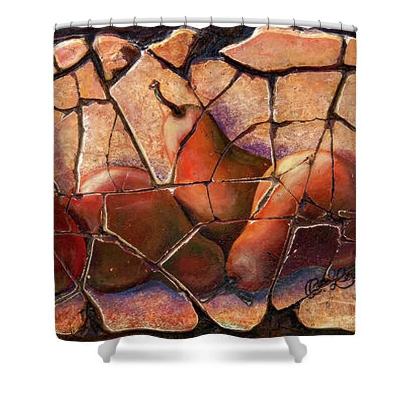 Olena Art Shower Curtain featuring the painting Pears Fresco with Crackled Finish by Lena Owens - OLena Art Vibrant Palette Knife and Graphic Design