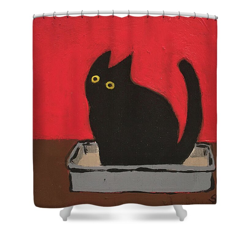 Black Cat Shower Curtain featuring the painting Pee by Sherry Rusinack