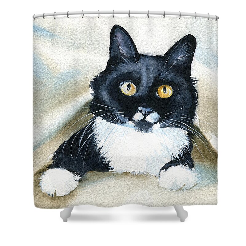 Cat Shower Curtain featuring the painting Peekaboo Tuxedo Cat Painting by Dora Hathazi Mendes