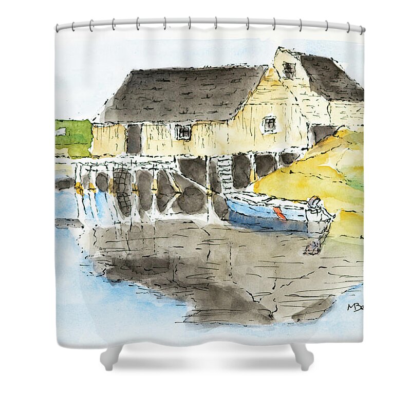 Nova Scotia Shower Curtain featuring the drawing Peggys Cove, Nova Scotia by Mike Bergen