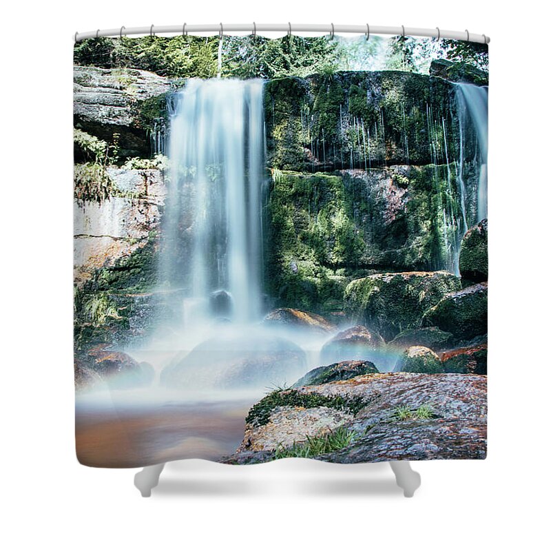 Jizera Mountains Shower Curtain featuring the photograph Summer colours colour the ice waterfall during sunrise. Jizera Mountains by Vaclav Sonnek