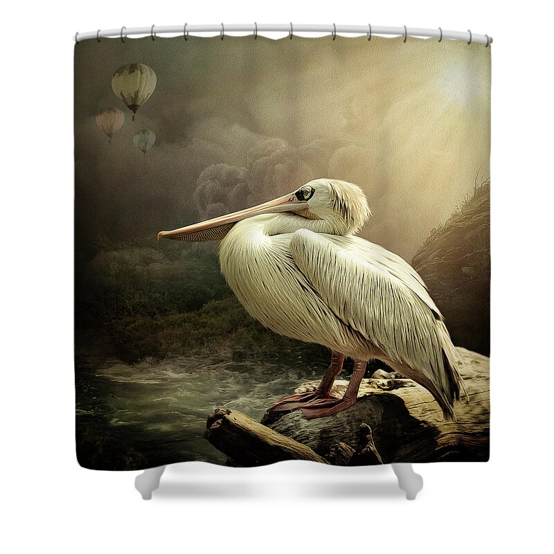 Pelican Shower Curtain featuring the digital art Pelican at Rest by Maggy Pease