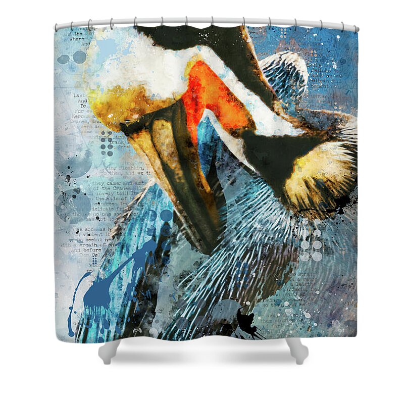 Pelican Shower Curtain featuring the mixed media Pelican Mixed Media by Bonny Puckett