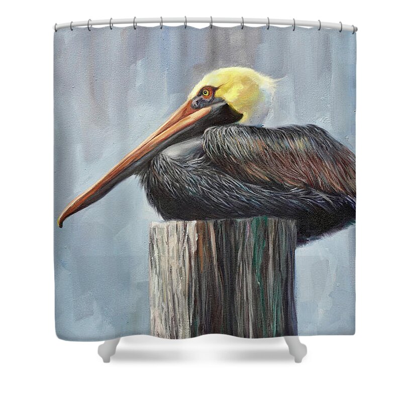 Pelican Shower Curtain featuring the painting Pelican Post by Laurie Snow Hein