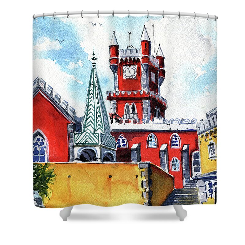 Lisboa Shower Curtain featuring the painting Pena Palace Portugal Painting by Dora Hathazi Mendes