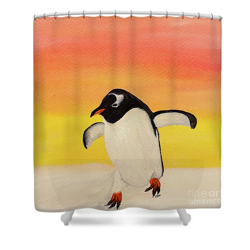 Penguin Shower Curtain featuring the painting Penguin at Sunset by Lisa Neuman