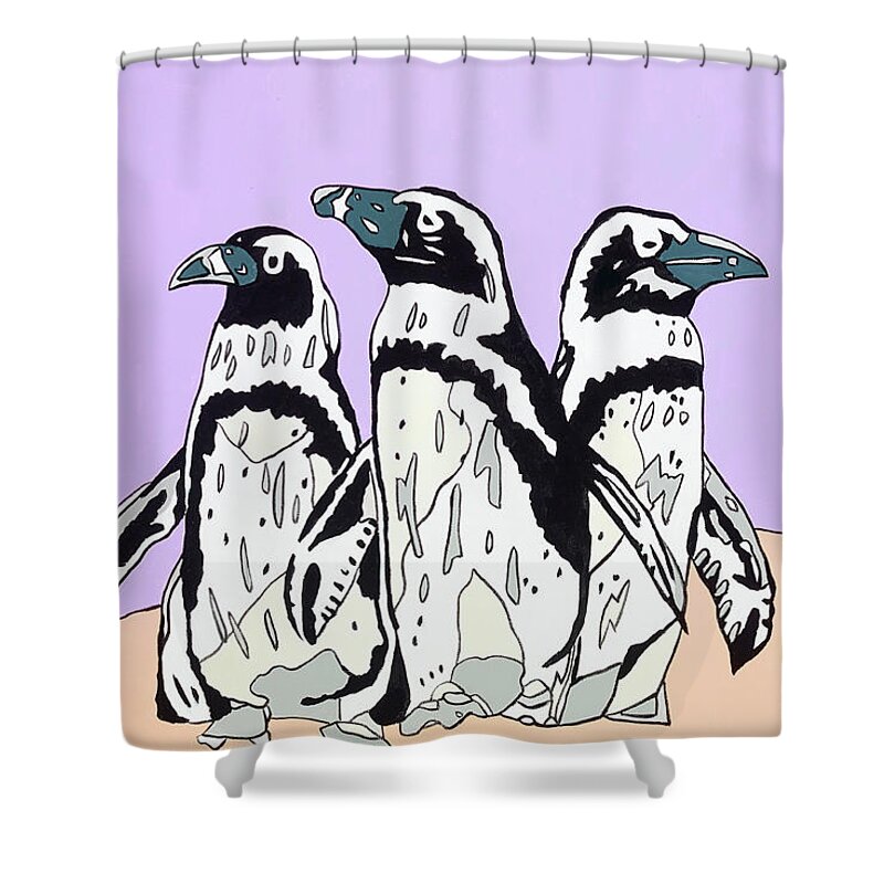 Penguins Birds Shower Curtain featuring the painting Penguins by Mike Stanko