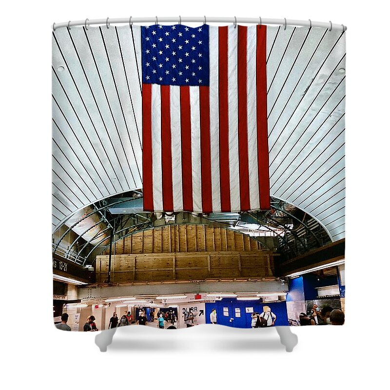 New York City Shower Curtain featuring the photograph Penn Station NYC Flag by CAC Graphics