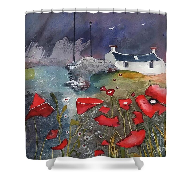 Irreland Shower Curtain featuring the painting Penny Wall and Poppies by Lucy Lemay