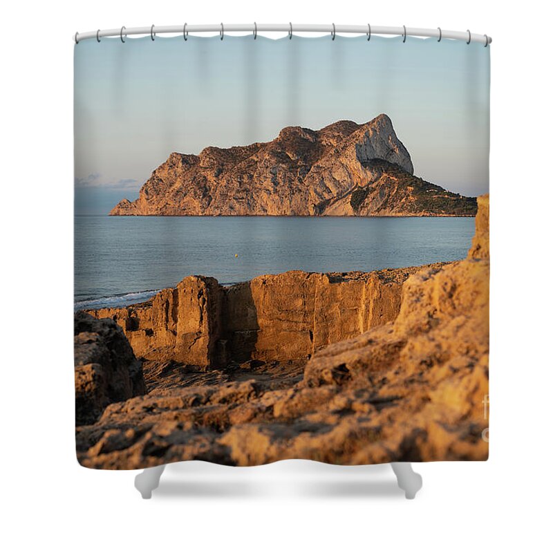 Mediterranean Coast Shower Curtain featuring the photograph Penon de Ifach and quarry on the Mediterranean Sea 1 by Adriana Mueller