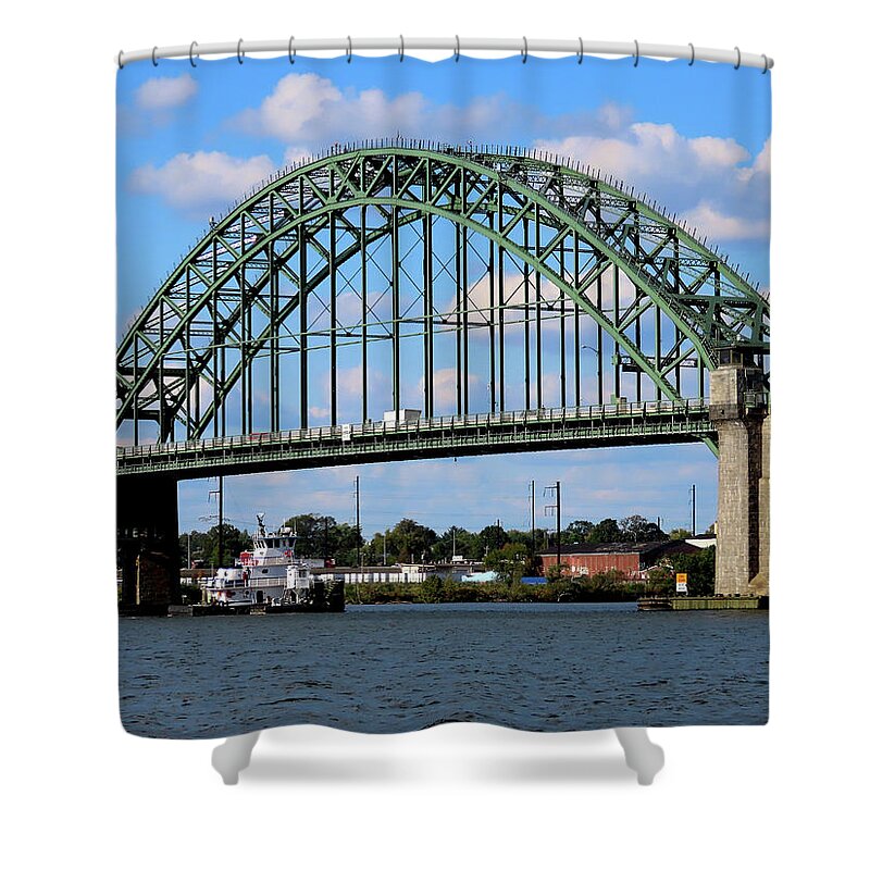 Tugboat Shower Curtain featuring the photograph Penrose Tug Floating Below the Tacony-Palmyra Bridge on the Delaware River by Linda Stern