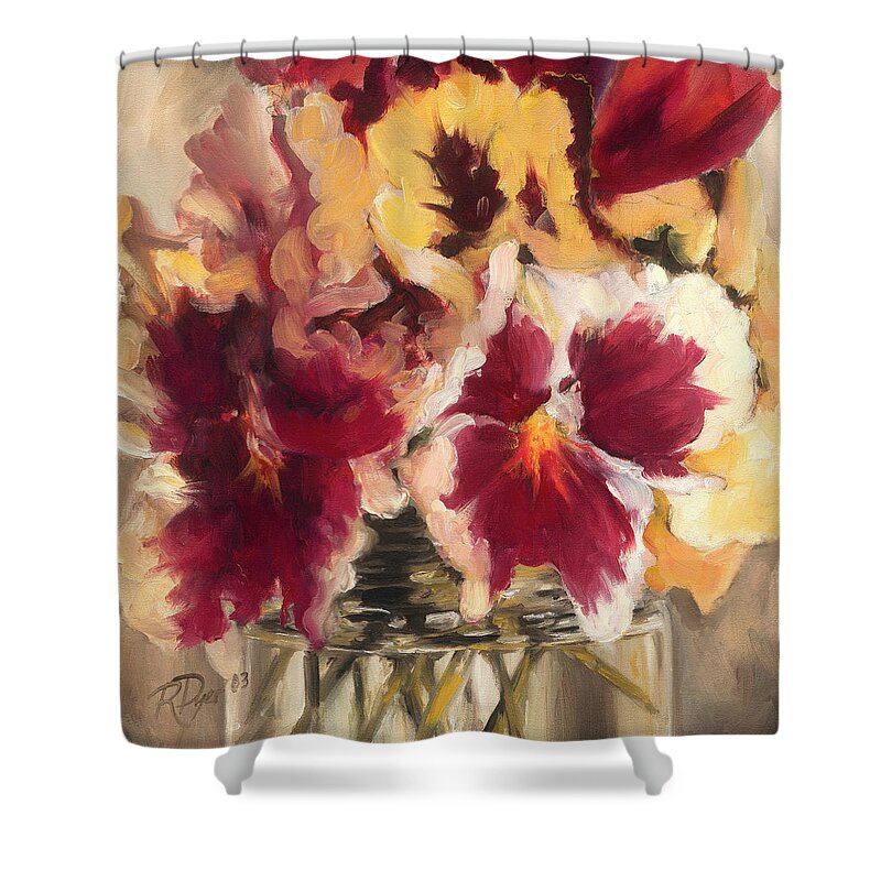 Flowers Shower Curtain featuring the painting Pensee by Roxanne Dyer