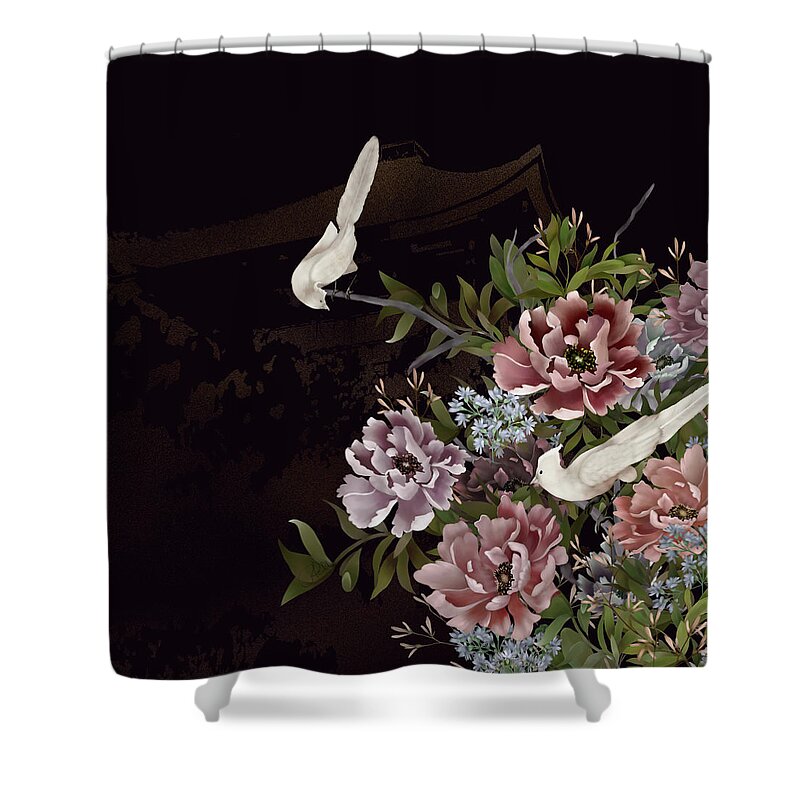 Chinoiserie Shower Curtain featuring the digital art Peonies and Birds Glitter Temple Chinoiserie by Sand And Chi