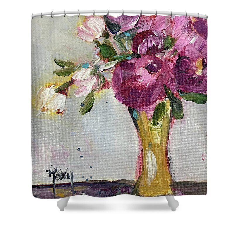 Peonies Shower Curtain featuring the painting Peonies in a Yellow Vase by Roxy Rich
