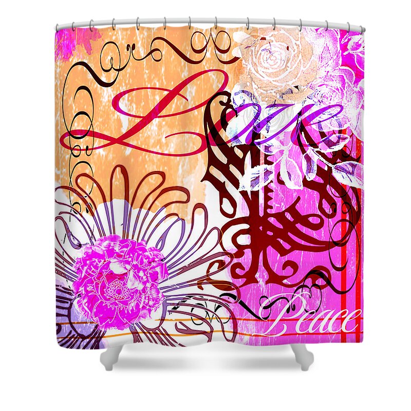 Peony Shower Curtain featuring the digital art Peony Floral Collage in Pink and Orange by Delynn Addams