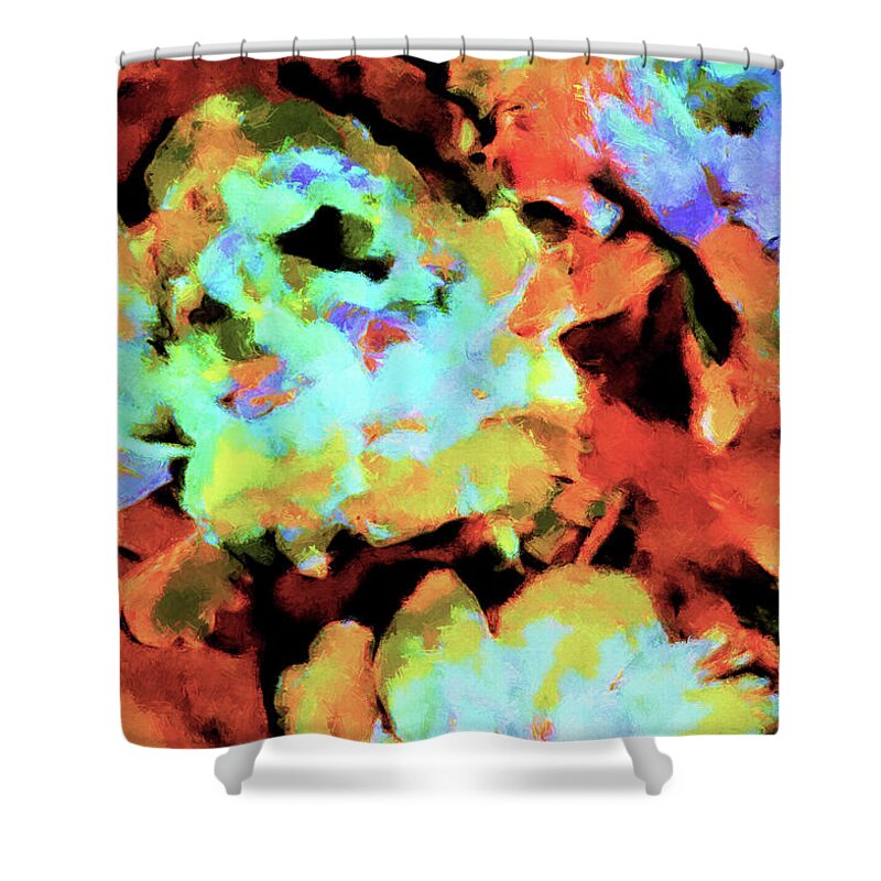 Colorful Peonies Shower Curtain featuring the digital art Peony Perspective by Susan Maxwell Schmidt