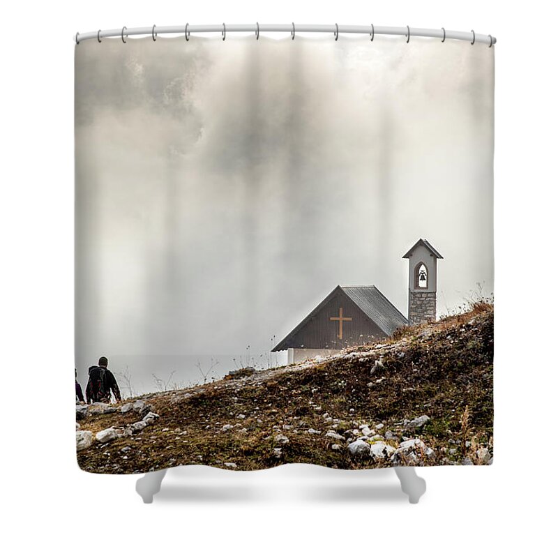 Italian Alps Shower Curtain featuring the photograph People hiking the trail to the church at Tre cime di lavadero. Italian Alps Italy by Michalakis Ppalis