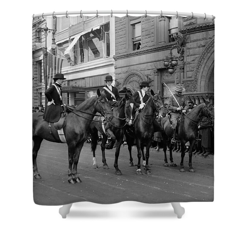 Parade Shower Curtain featuring the photograph People On Horseback Before Patriot's Day Celebration - NYC 1917 by War Is Hell Store