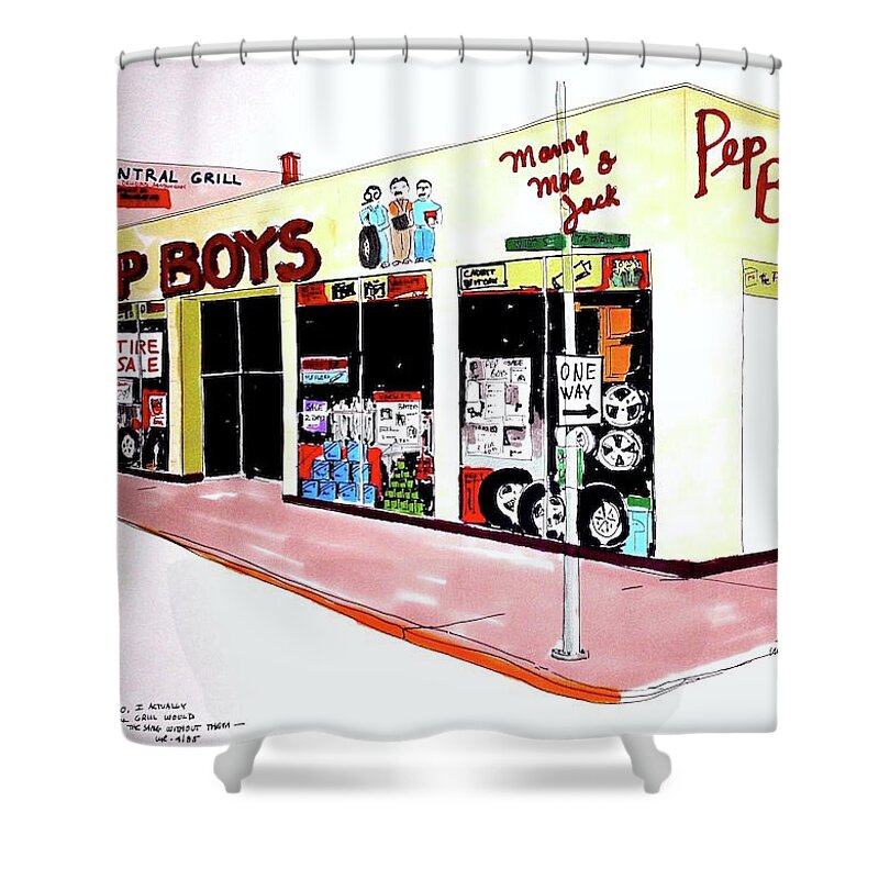 Graphic Shower Curtain featuring the drawing Pep Boys by William Renzulli