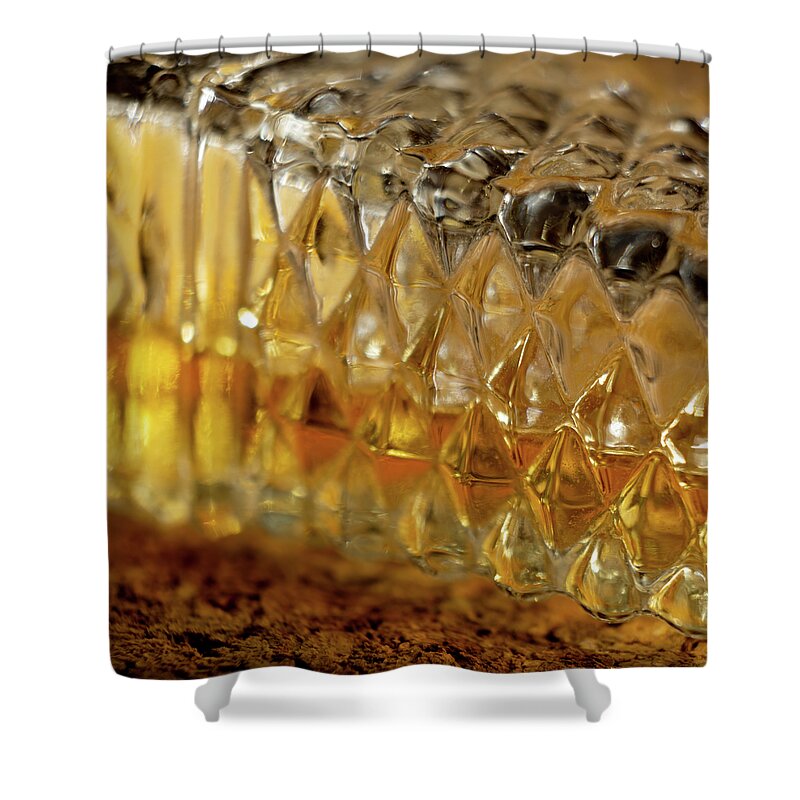 Perfume Shower Curtain featuring the photograph Perfume Bottle on Cork by Rolf Bertram