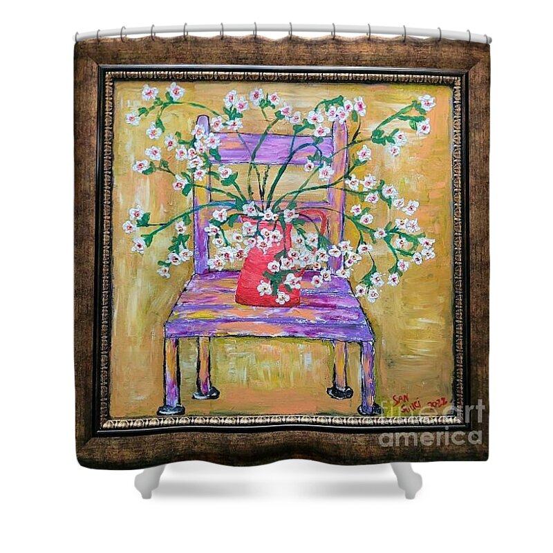  Shower Curtain featuring the painting Periwinkles in Vase on Chair by Mark SanSouci