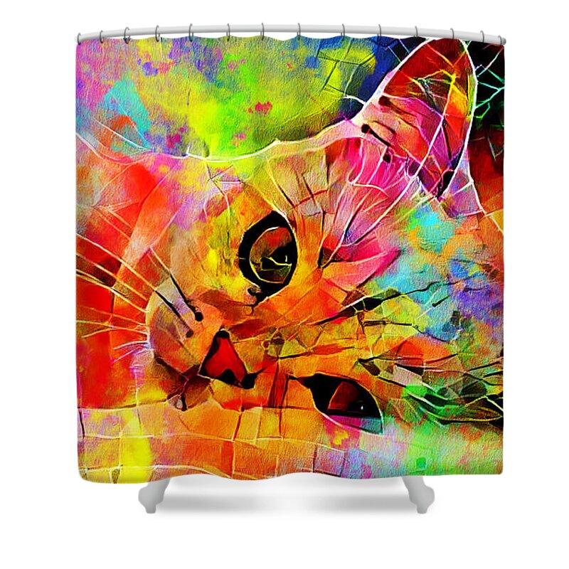 Persian Cat Shower Curtain featuring the digital art Persian cat relaxing - colorful irregular tiles mosaic effect by Nicko Prints