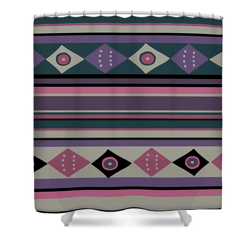 Peruvian Inca Shower Curtain featuring the digital art Peruvian Inca Ethnic Stripes - GrayGreen Ivory Pink by Vagabond Folk Art - Virginia Vivier