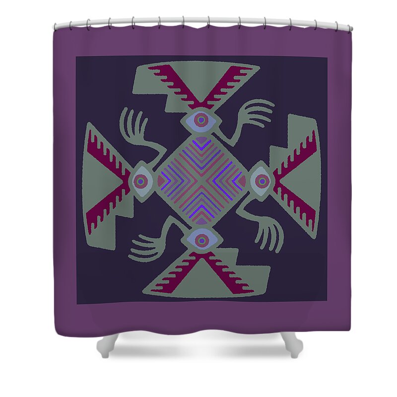 Inca Spirits Shower Curtain featuring the digital art Peruvian Inca Pajaro Spirit - Purple Light Green Red by Vagabond Folk Art - Virginia Vivier