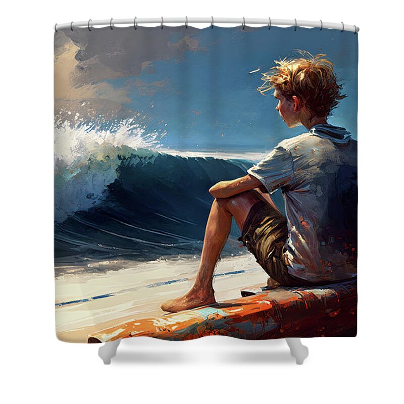 Peter Watching Surfers - The Staff Of Paranoramus Book Shower Curtain featuring the digital art Peter Watching Surfers at Pipeline - Book Development - The Staff of Panoramus by Caito Junqueira