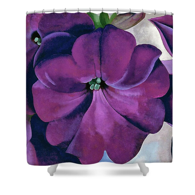 Georgia O'keeffe Shower Curtain featuring the painting Petunias - Modernist purple flower painting by Georgia O'Keeffe