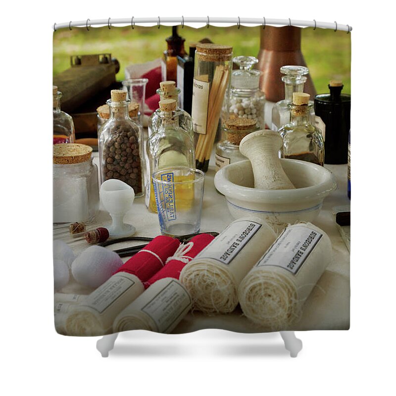 Pharmacist Shower Curtain featuring the photograph Pharmacy - Civil war field kit by Mike Savad