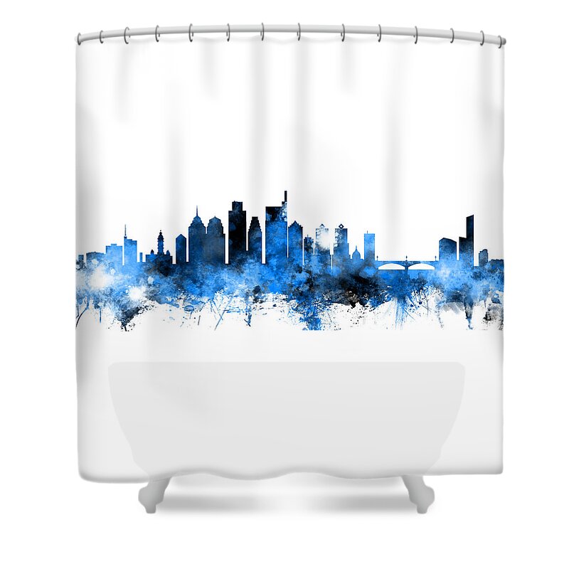 Philadelphia Shower Curtain featuring the digital art Philadelphia Pennsylvania Skyline Panoramic Blue by Michael Tompsett