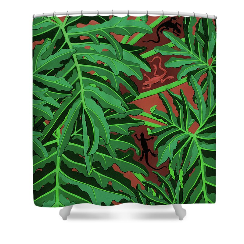 Philodendron Shower Curtain featuring the painting philodendron paintings - Lizard Leaves by Sharon Hudson