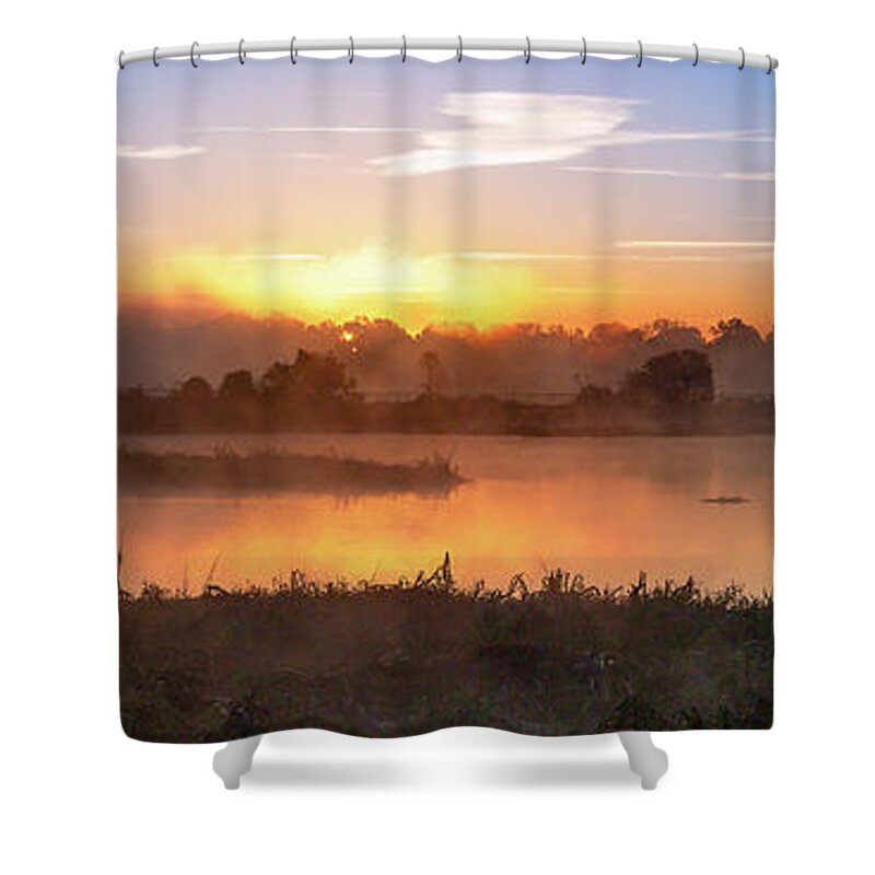 Steamy Sunrise Shower Curtain featuring the photograph Phinizy Swamp Nature Park - Panoramic Steamy Sunrise by Steve Rich