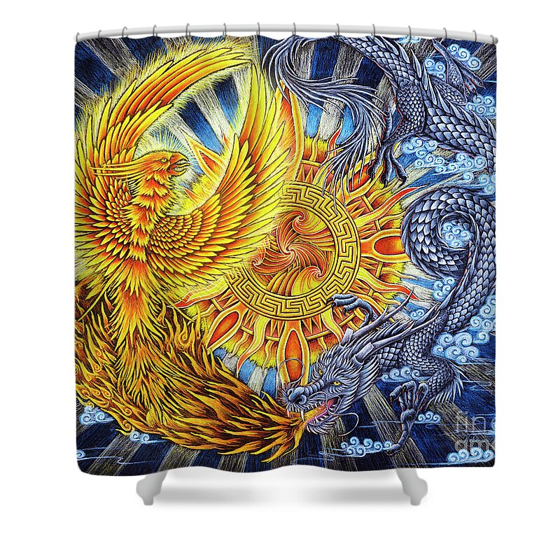 Chinese Dragon Shower Curtain featuring the pastel Phoenix and Dragon by Rebecca Wang