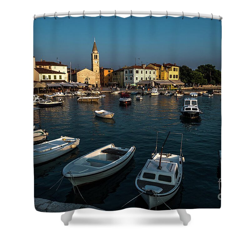 Accommodation Shower Curtain featuring the photograph Picturesque Village Fazana In Croatia With Old Church And Boats In Harbor by Andreas Berthold