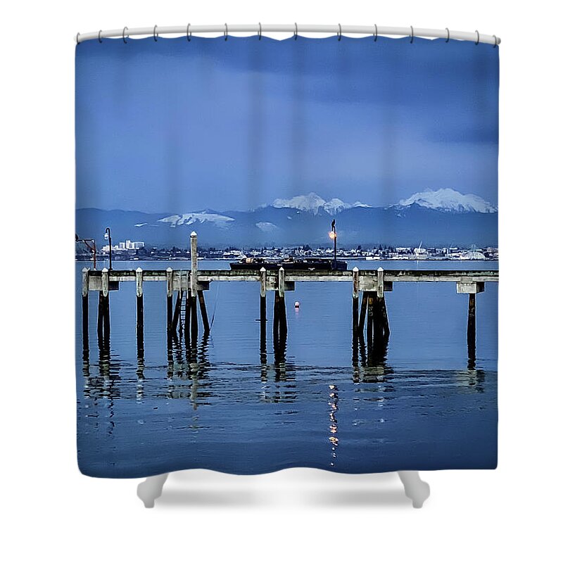 Pier Shower Curtain featuring the photograph Pier and Mountains by Anamar Pictures
