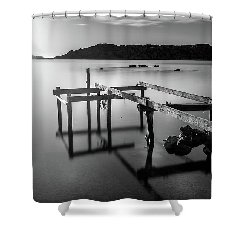 Sunset Shower Curtain featuring the photograph Pier Structure And Reflections in Black and White by Nicklas Gustafsson