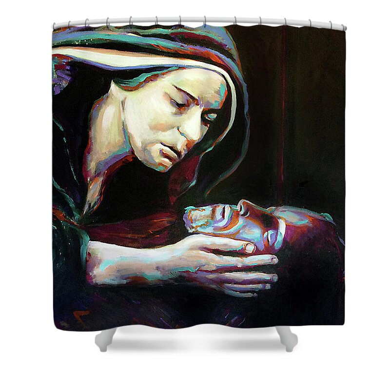 Virgin Mary Shower Curtain featuring the painting Pieta by Steve Gamba
