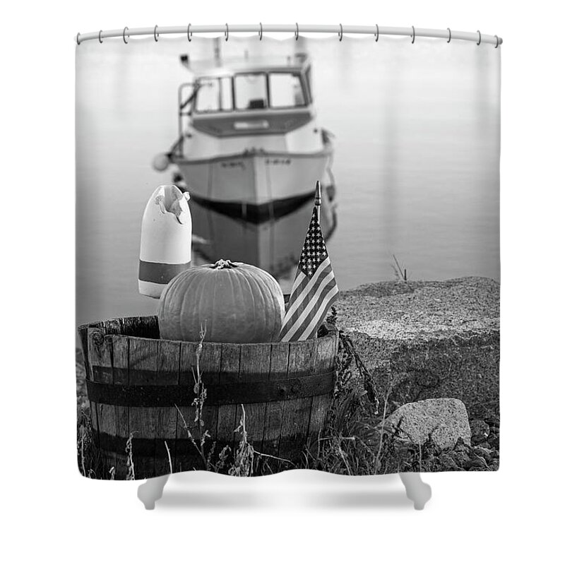 Rockport Shower Curtain featuring the photograph Pigeon Cove American Flag Pumpkin Buoy Rockport Harbor MA Massachusetts Black and White by Toby McGuire