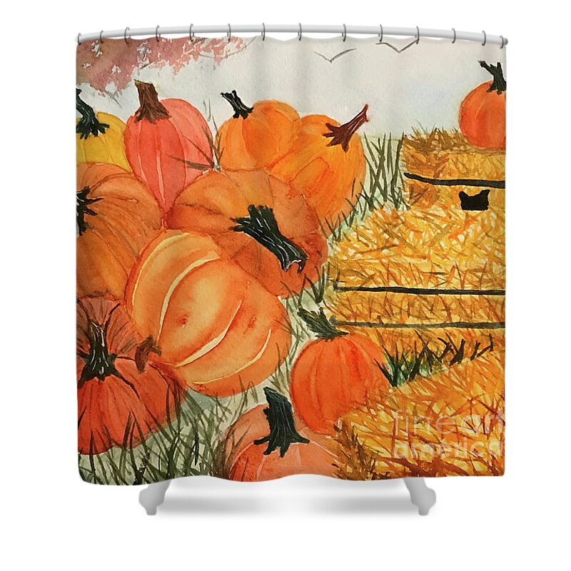Fall Shower Curtain featuring the painting Pile of Pumpkins by Lisa Neuman