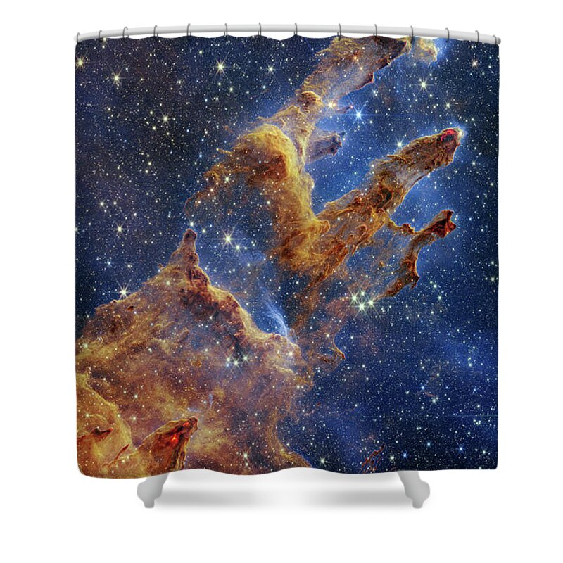M16 Shower Curtain featuring the photograph Pillars of Creation, JWST image by Science Photo Library