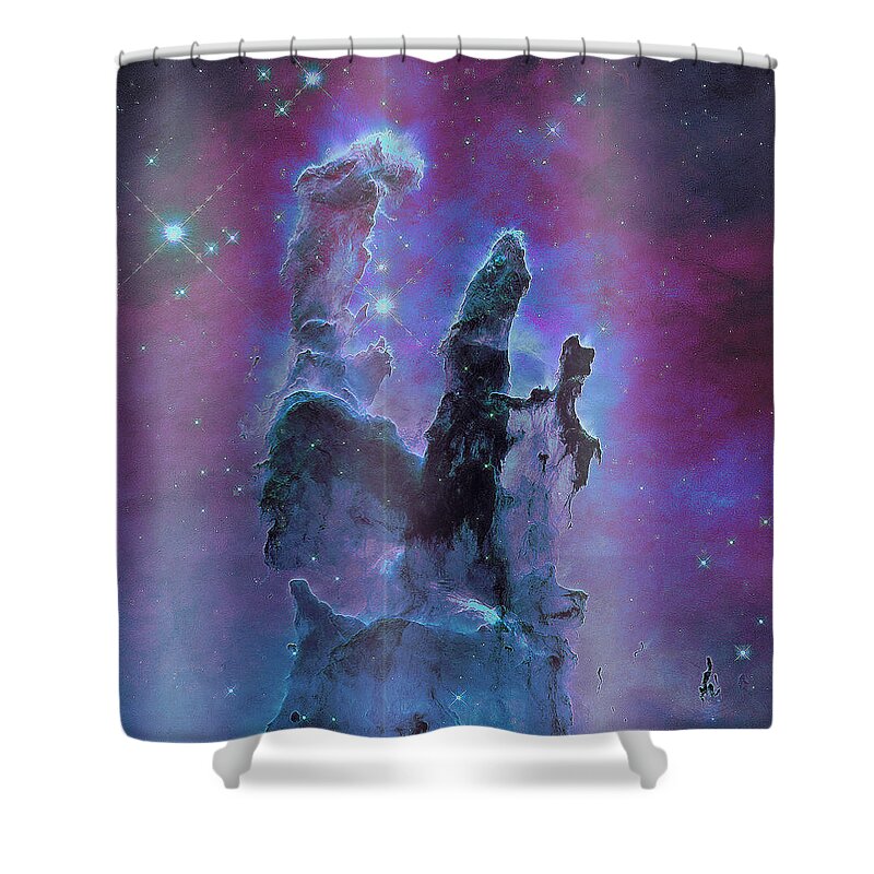 Pillars Of Creation Shower Curtain featuring the mixed media Pillars of Creation V1 by Eileen Backman