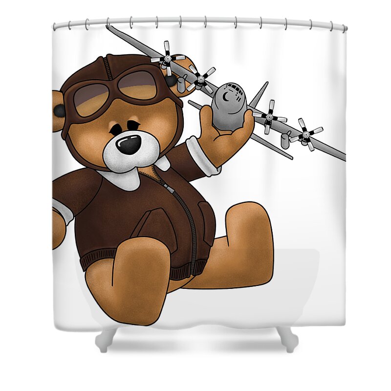 C-130 Shower Curtain featuring the digital art Pilot Bear - Playtime by Michael Brooks