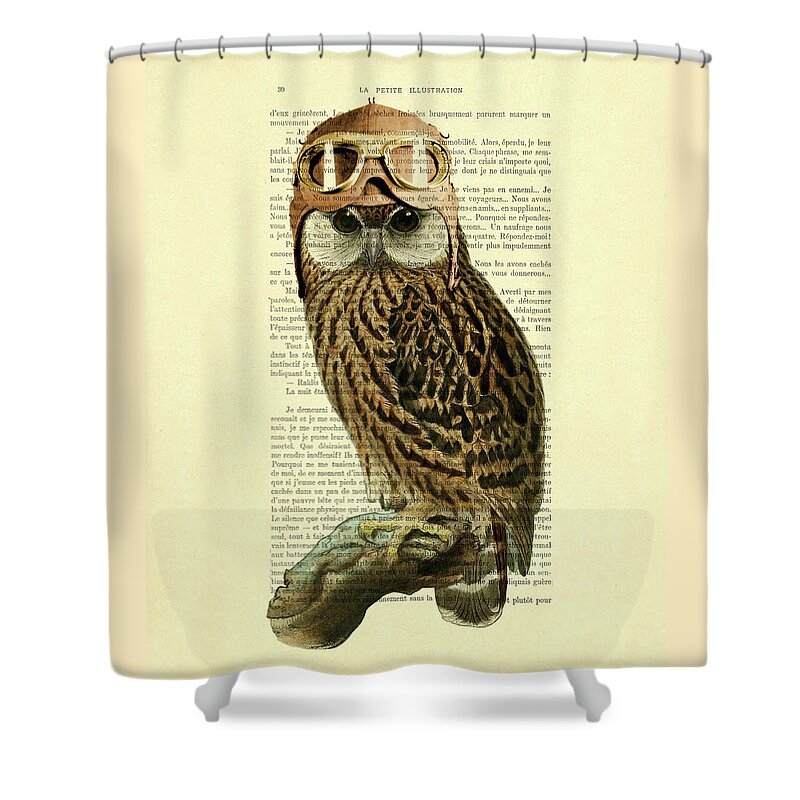 Owl Shower Curtain featuring the mixed media Pilot Owl by Madame Memento