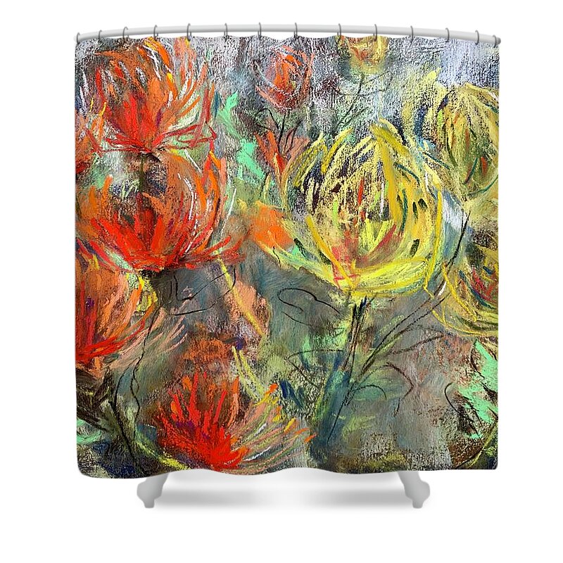 Pincushions Shower Curtain featuring the painting Pincussions by Bonny Butler