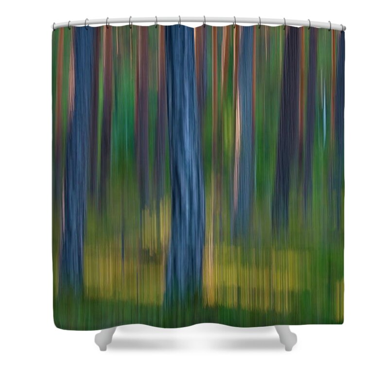 Pinus Shower Curtain featuring the photograph Pine trunks in summer - motion blur by Ulrich Kunst And Bettina Scheidulin