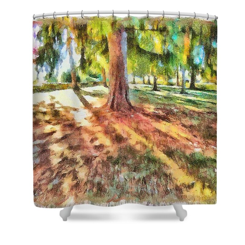 Pine Shower Curtain featuring the mixed media Pines in Autumn by Christopher Reed