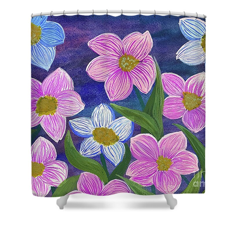 Pink Shower Curtain featuring the mixed media Pink and Blue Flowers by Lisa Neuman