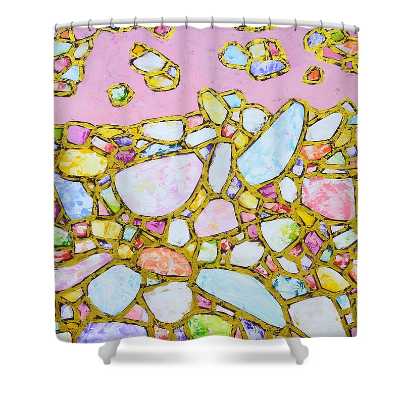 Stones Shower Curtain featuring the painting Pink and Gold. by Iryna Kastsova